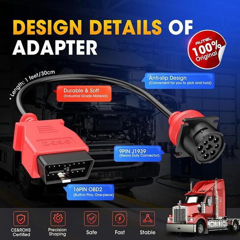 Autel Original OBD2 to J1939 Green Type 2 Adapter Cable, 16Pin Male to 9Pin J1939 Female OBD Port, Compatible with OBD II Diagnostic Scanners in Saudi Arabia