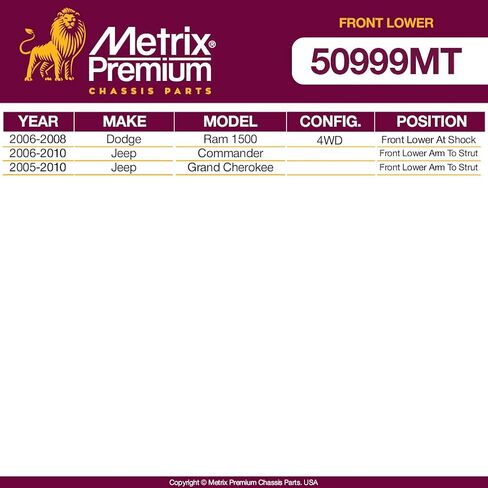 Metrix Premium Chassis Parts - Front Lower At Shock Control Arm Bushing Fits 2006-2008 Dodge Ram 1500 4WD, 2006-2010 Jeep Commander, 2005-2010 Jeep Grand Cherokee, Replacement K200183, Made in Europe in Saudi Arabia