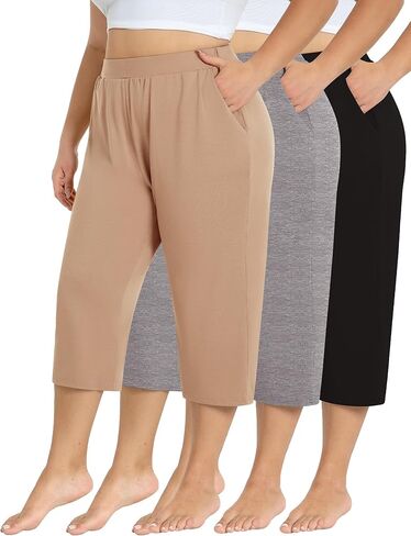 3 Pack Women's Plus Size Capri Pants Capris Sweatpant Loose Cropped Yoga Pant with Pockets Lounge Pajama Summer Pant in Kuwait