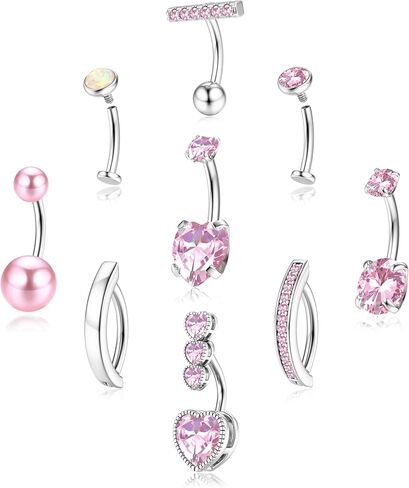 ORAZIO 9PCS Hypoallergenic Belly Button Ring Surgical Steel CZ Opal Clicker Floating Navel Piercing Jewelry Flat Back Internally Threaded Small Bar Piercings for Women 14G Gold/Silver in Saudi Arabia