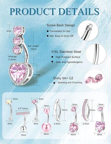ORAZIO 9PCS Hypoallergenic Belly Button Ring Surgical Steel CZ Opal Clicker Floating Navel Piercing Jewelry Flat Back Internally Threaded Small Bar Piercings for Women 14G Gold/Silver in Saudi Arabia