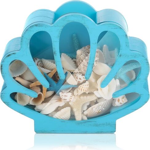 Seashell Holder Seashell Display Box Wooden Small Starfish Shell Display Case with Acrylic Clear Window Shark Tooth Collection Box for Shells Sea Rock Home Decor Present(Blue,Shell) in Saudi Arabia