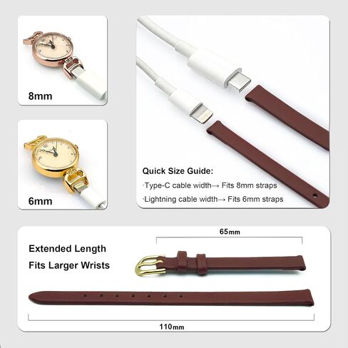 Italian Full-Grain Leather Watch Straps for Women - 6mm/8mm Adjustable Bands with Stainless Steel Buckle (Black/Brown/White/Red) in Kuwait