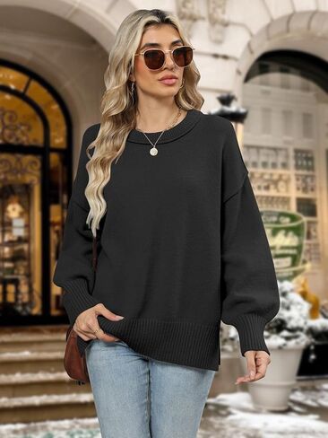 سترة Lylinan المريحة كبيرة الحجم للنساء بلوفر محبوك بفتحة جانبية وفتحة رقبة مستديرة لملابس الخريف والشتاء XS-XXL in Kuwait