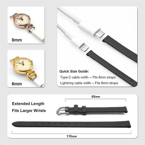Italian Full-Grain Leather Watch Straps for Women - 6mm/8mm Adjustable Bands with Stainless Steel Buckle (Black/Brown/White/Red) in Kuwait