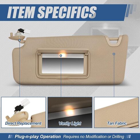 Auto Dynasty Factory Style Sun Visor Sunshade with Mirror and Vanity Light Compatible with Honda Accord 08-12, Driver Left Side, Tan in Saudi Arabia