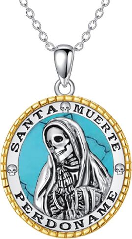YAFEINI Santa Muerte Necklace 925 Sterling Silver Black Onyx/Turquoise/Abalone Shell/White Opal Santa Muerte Pendant Necklace Sugar Skulls Death Mexican Amulet Jewelry Gift for Women Female in Saudi Arabia