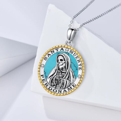 YAFEINI Santa Muerte Necklace 925 Sterling Silver Black Onyx/Turquoise/Abalone Shell/White Opal Santa Muerte Pendant Necklace Sugar Skulls Death Mexican Amulet Jewelry Gift for Women Female in Saudi Arabia