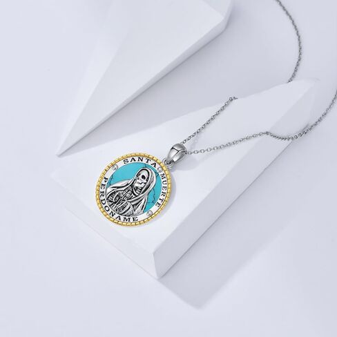 YAFEINI Santa Muerte Necklace 925 Sterling Silver Black Onyx/Turquoise/Abalone Shell/White Opal Santa Muerte Pendant Necklace Sugar Skulls Death Mexican Amulet Jewelry Gift for Women Female in Saudi Arabia