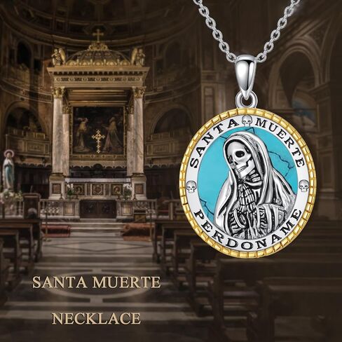YAFEINI Santa Muerte Necklace 925 Sterling Silver Black Onyx/Turquoise/Abalone Shell/White Opal Santa Muerte Pendant Necklace Sugar Skulls Death Mexican Amulet Jewelry Gift for Women Female in Saudi Arabia