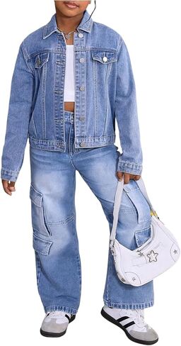 Girl's Denim Jacket Button Down Long Sleeve Jean Coat Fall Outerwear Streetwear in Saudi Arabia