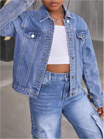 Girl's Denim Jacket Button Down Long Sleeve Jean Coat Fall Outerwear Streetwear in Saudi Arabia