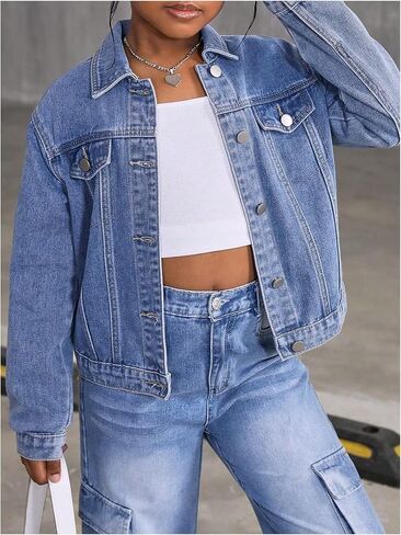 Girl's Denim Jacket Button Down Long Sleeve Jean Coat Fall Outerwear Streetwear in Saudi Arabia