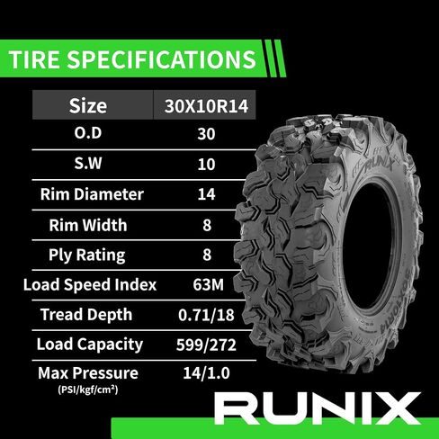 RUNIX UTV SxS Radial Tires, RUNIX ClawTrek, 30X10R14, 30X10-14, Set of 4, Radial Tire, All Terrain, Sand, 8PR, Tubeless in Kuwait