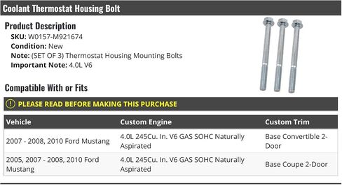 Coolant Thermostat Housing Bolt - Set of 3 - Compatible with 2005, 2007-2008, 2010 Ford Mustang 4.0L V6 in Saudi Arabia