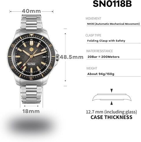ساعة سان مارتن SN0118 أوتوماتيكية للرجال، 40 ملم كريستال ياقوتي ساعات غوص 316L ستانلس ستيل مقاومة للماء حتى 200 متر in Kuwait