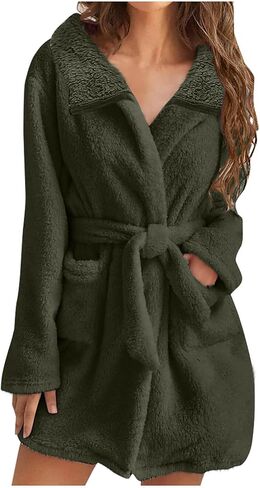 Womens Short Hooded Plush Robe, Soft Cozy Warm Fleece Bathrobe Midi Length House Coat Nightgown Winter Sleepwear in Saudi Arabia