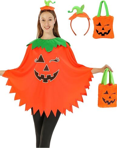 3Pcs Pumpkin Costume Adult,Glow in the Dark Poncho for Women with Headband and Candy Bag for Halloween in Saudi Arabia