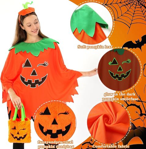 3Pcs Pumpkin Costume Adult,Glow in the Dark Poncho for Women with Headband and Candy Bag for Halloween in Saudi Arabia