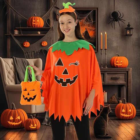 3Pcs Pumpkin Costume Adult,Glow in the Dark Poncho for Women with Headband and Candy Bag for Halloween in Saudi Arabia