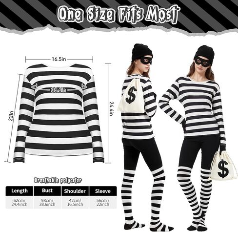 7 Pieces Halloween Women Robber Costume Set, Women Burglar Costume Thief Cosplay Striped Shirt Socks Mask Coins Gloves Beanie Bag for Halloween Party Outfit in Saudi Arabia