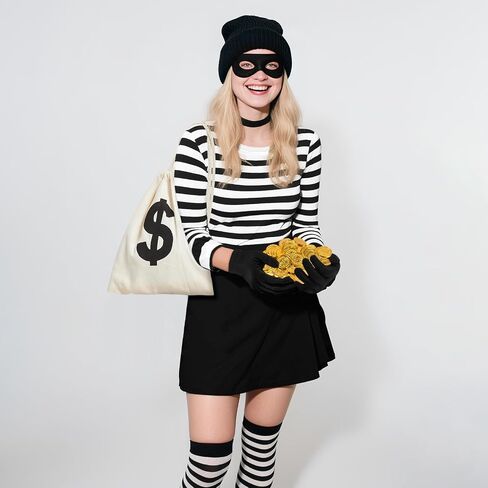 7 Pieces Halloween Women Robber Costume Set, Women Burglar Costume Thief Cosplay Striped Shirt Socks Mask Coins Gloves Beanie Bag for Halloween Party Outfit in Saudi Arabia