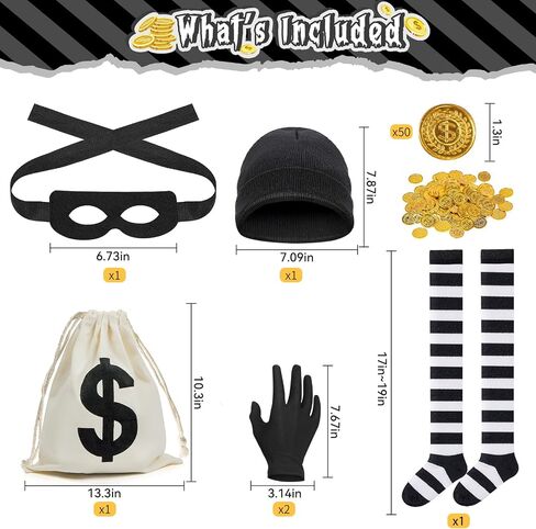 7 Pieces Halloween Women Robber Costume Set, Women Burglar Costume Thief Cosplay Striped Shirt Socks Mask Coins Gloves Beanie Bag for Halloween Party Outfit in Saudi Arabia