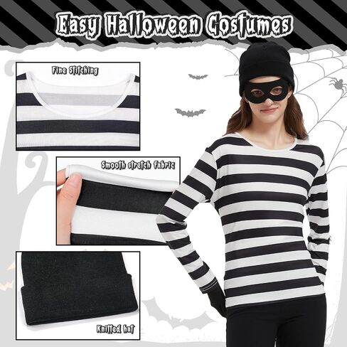7 Pieces Halloween Women Robber Costume Set, Women Burglar Costume Thief Cosplay Striped Shirt Socks Mask Coins Gloves Beanie Bag for Halloween Party Outfit in Saudi Arabia