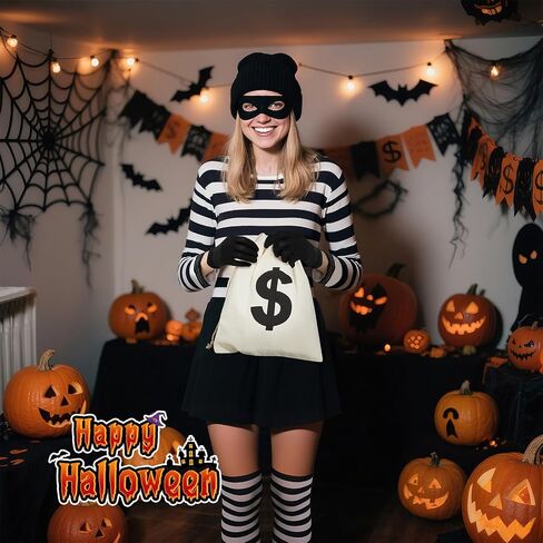 7 Pieces Halloween Women Robber Costume Set, Women Burglar Costume Thief Cosplay Striped Shirt Socks Mask Coins Gloves Beanie Bag for Halloween Party Outfit in Saudi Arabia