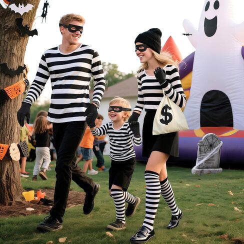 7 Pieces Halloween Women Robber Costume Set, Women Burglar Costume Thief Cosplay Striped Shirt Socks Mask Coins Gloves Beanie Bag for Halloween Party Outfit in Saudi Arabia