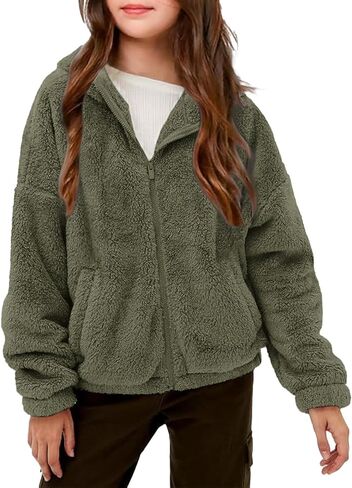 Girls Fuzzy Outerwear Jacket Kids Soft Oversized Jackets Zip up Hoodie Warm Sweatshirt with Pockets 5-14 years in Saudi Arabia