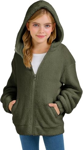 Girls Fuzzy Outerwear Jacket Kids Soft Oversized Jackets Zip up Hoodie Warm Sweatshirt with Pockets 5-14 years in Saudi Arabia