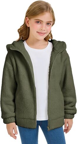 Girls Fuzzy Outerwear Jacket Kids Soft Oversized Jackets Zip up Hoodie Warm Sweatshirt with Pockets 5-14 years in Saudi Arabia