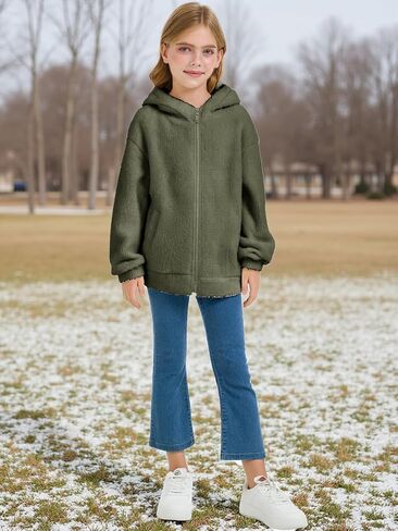 Girls Fuzzy Outerwear Jacket Kids Soft Oversized Jackets Zip up Hoodie Warm Sweatshirt with Pockets 5-14 years in Saudi Arabia