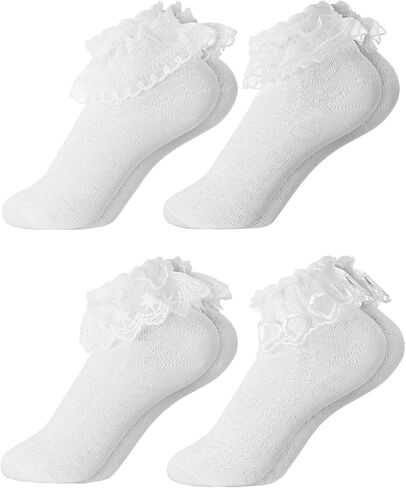 4 Pairs Double Ruffle Lace Trim Cotton Socks Frilly Dress Socks Stylish Candy Colored Girls Lace Socks for Kids (7-12 Years) in Kuwait