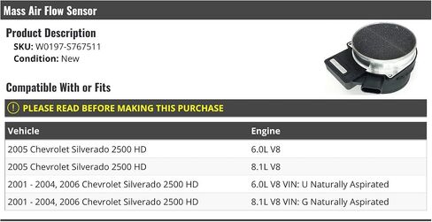 Mass Air Flow Sensor - Compatible with 2001-2006 Chevy Silverado 2500 HD 6.0L V8 / 8.1L V8 in Saudi Arabia