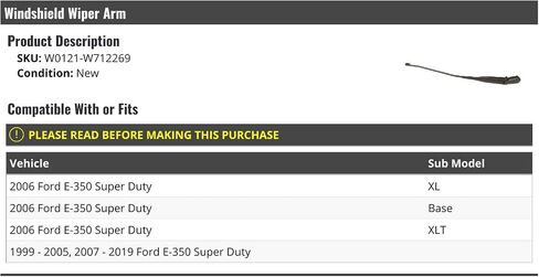 Windshield Wiper Arm - Compatible with 1999-2019 Ford E-350 Super Duty in Saudi Arabia