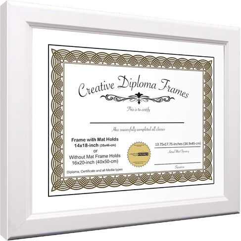 Creative Picture Frames 8.5x11 White Diploma Frame with White Mat Glass Easel and Installed Wall Hangers | Frame Holds 11x14 Media without Mat in Saudi Arabia