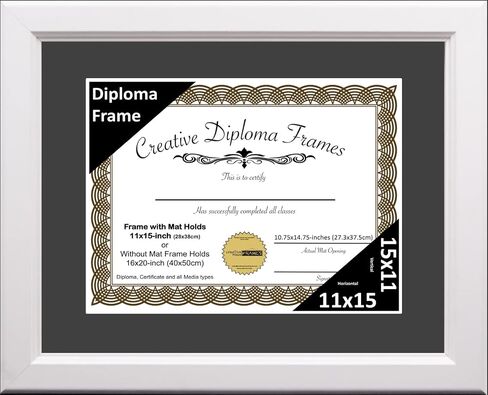 Creative Picture Frames 8.5x11 White Diploma Frame with White Mat Glass Easel and Installed Wall Hangers | Frame Holds 11x14 Media without Mat in Saudi Arabia