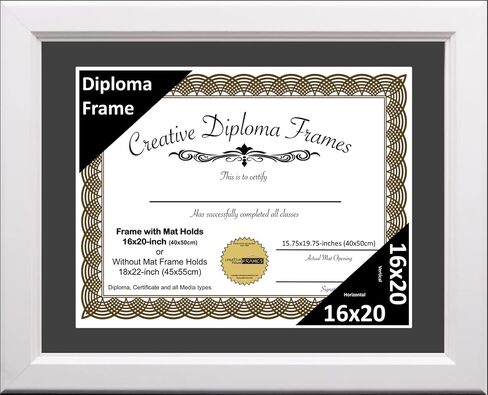 Creative Picture Frames 8.5x11 White Diploma Frame with White Mat Glass Easel and Installed Wall Hangers | Frame Holds 11x14 Media without Mat in Saudi Arabia