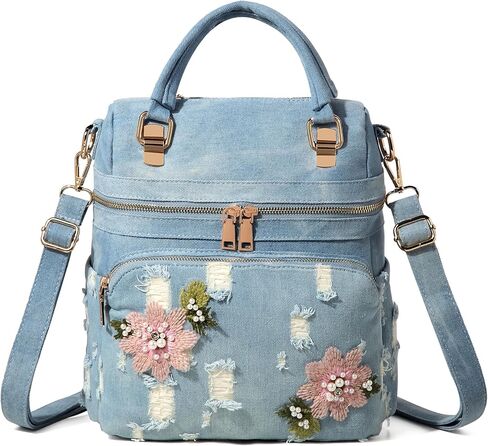 حقيبة ظهر من قماش الدنيم المغسول للنساء Y2K، حقيبة ظهر للسيدات، حقيبة كتف كاجوال مطرزة بالزهور، حقائب كتف من الجينز الأزرق (أزرق فاتح) in Kuwait