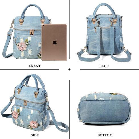 حقيبة ظهر من قماش الدنيم المغسول للنساء Y2K، حقيبة ظهر للسيدات، حقيبة كتف كاجوال مطرزة بالزهور، حقائب كتف من الجينز الأزرق (أزرق فاتح) in Kuwait