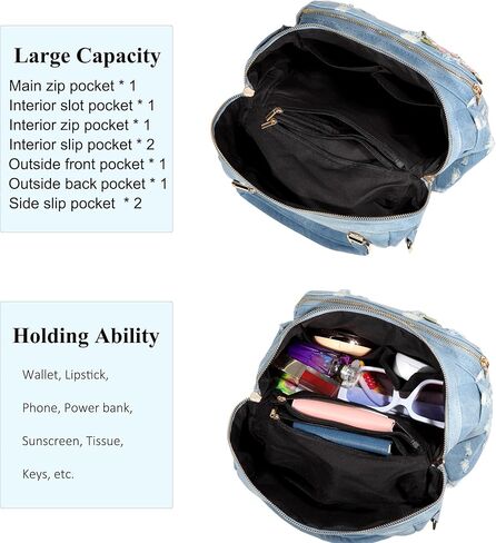 حقيبة ظهر من قماش الدنيم المغسول للنساء Y2K، حقيبة ظهر للسيدات، حقيبة كتف كاجوال مطرزة بالزهور، حقائب كتف من الجينز الأزرق (أزرق فاتح) in Kuwait