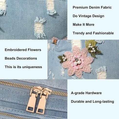 حقيبة ظهر من قماش الدنيم المغسول للنساء Y2K، حقيبة ظهر للسيدات، حقيبة كتف كاجوال مطرزة بالزهور، حقائب كتف من الجينز الأزرق (أزرق فاتح) in Kuwait