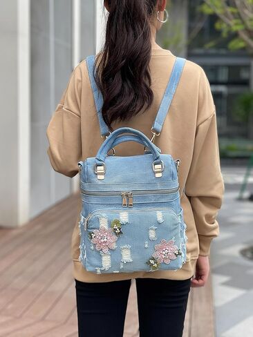 حقيبة ظهر من قماش الدنيم المغسول للنساء Y2K، حقيبة ظهر للسيدات، حقيبة كتف كاجوال مطرزة بالزهور، حقائب كتف من الجينز الأزرق (أزرق فاتح) in Kuwait