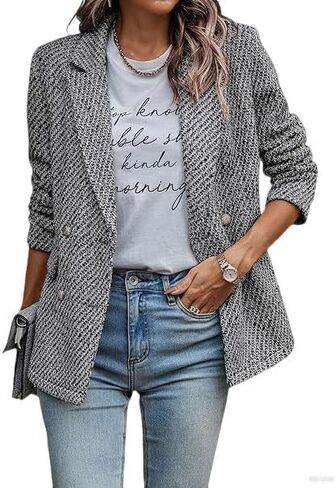 utcoco Womens Tweed Blazer Double Breasted Office Blazer Casual Long Sleeve Textured Jacket 2025 Fashion Outfits in Saudi Arabia