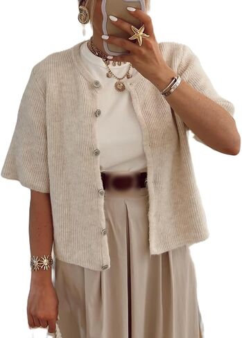 Women Button Down Ribbed Cardigan Short Sleeve Crew Neck Open Front Sweater Y2k Fall Knit Crop Shirts Outwear in Kuwait
