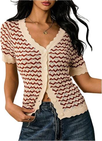 SweatyRocks Women's V Neck Striped Button Down Cardigan Casual Short Sleeve Crochet Sweater in Saudi Arabia
