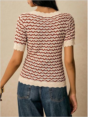 SweatyRocks Women's V Neck Striped Button Down Cardigan Casual Short Sleeve Crochet Sweater in Saudi Arabia