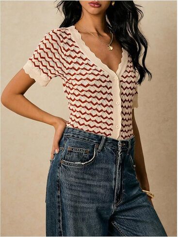 SweatyRocks Women's V Neck Striped Button Down Cardigan Casual Short Sleeve Crochet Sweater in Saudi Arabia